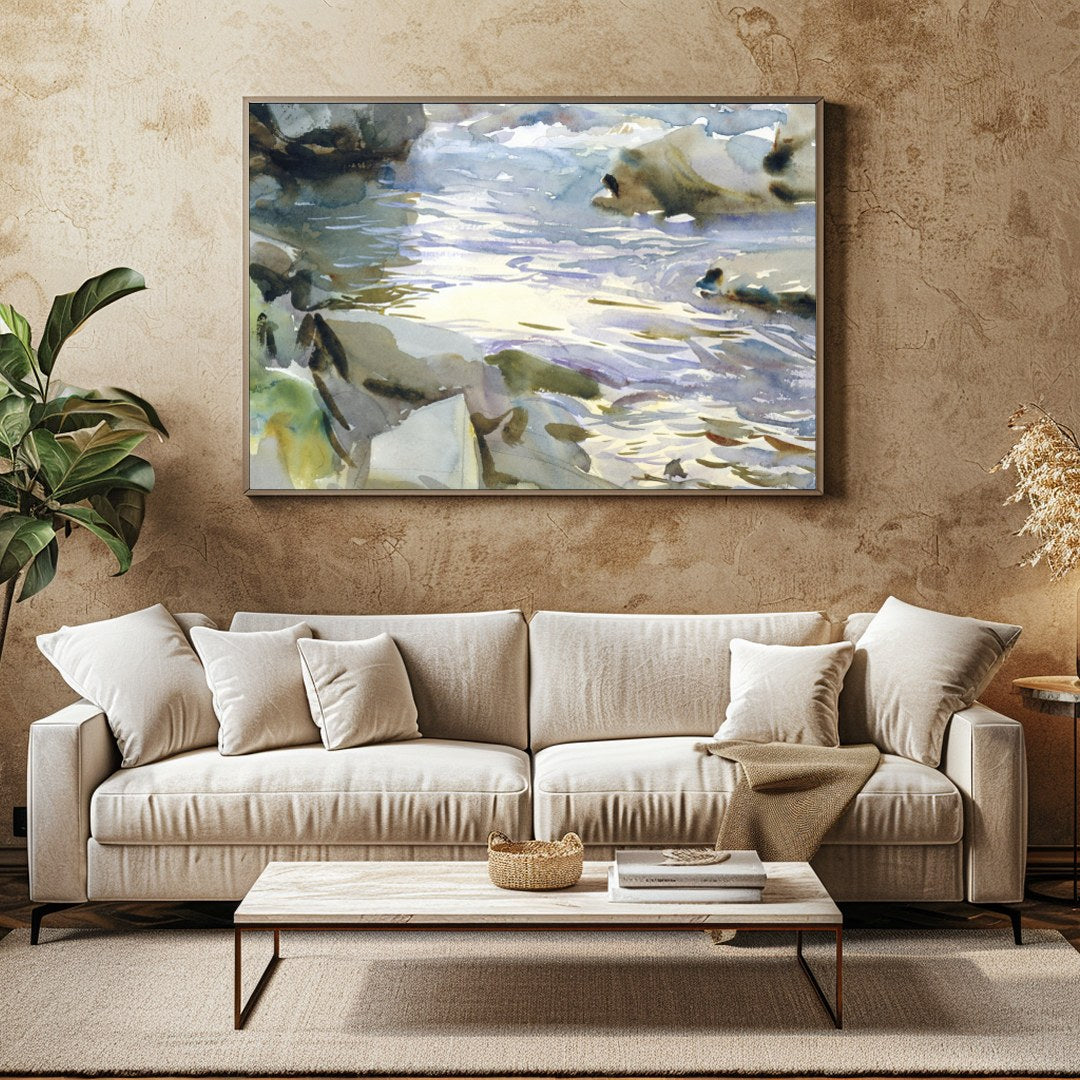 This exquisite watercolor painting captures the tranquil beauty of a flowing stream surrounded by for Family Room