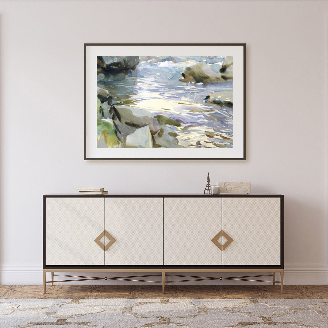 This exquisite watercolor painting captures the tranquil beauty of a flowing stream surrounded by for Foyer