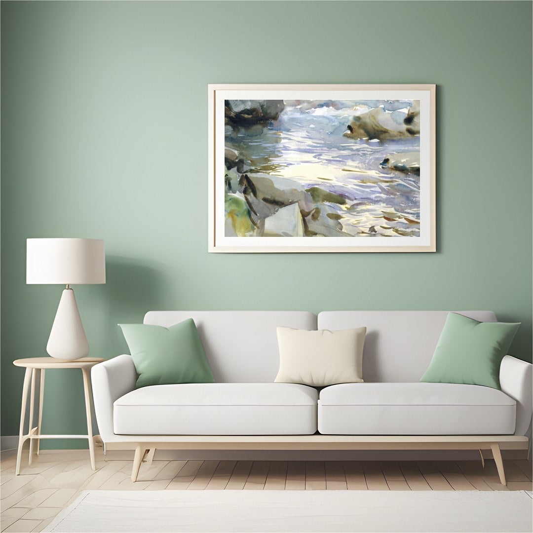 This exquisite watercolor painting captures the tranquil beauty of a flowing stream surrounded by for Hall