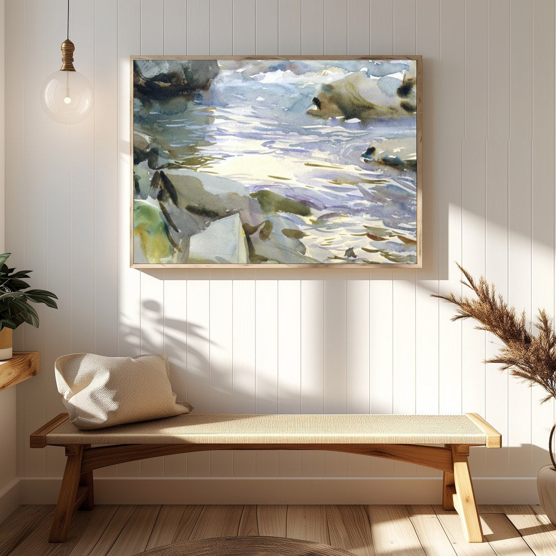 This exquisite watercolor painting captures the tranquil beauty of a flowing stream surrounded by for Hallway