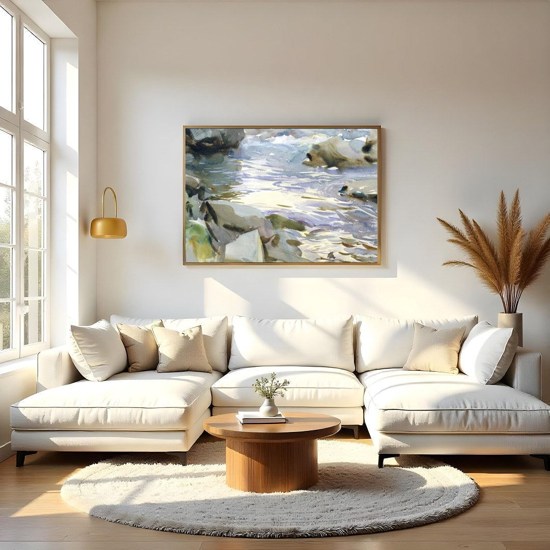 This exquisite watercolor painting captures the tranquil beauty of a flowing stream surrounded by for Living Room