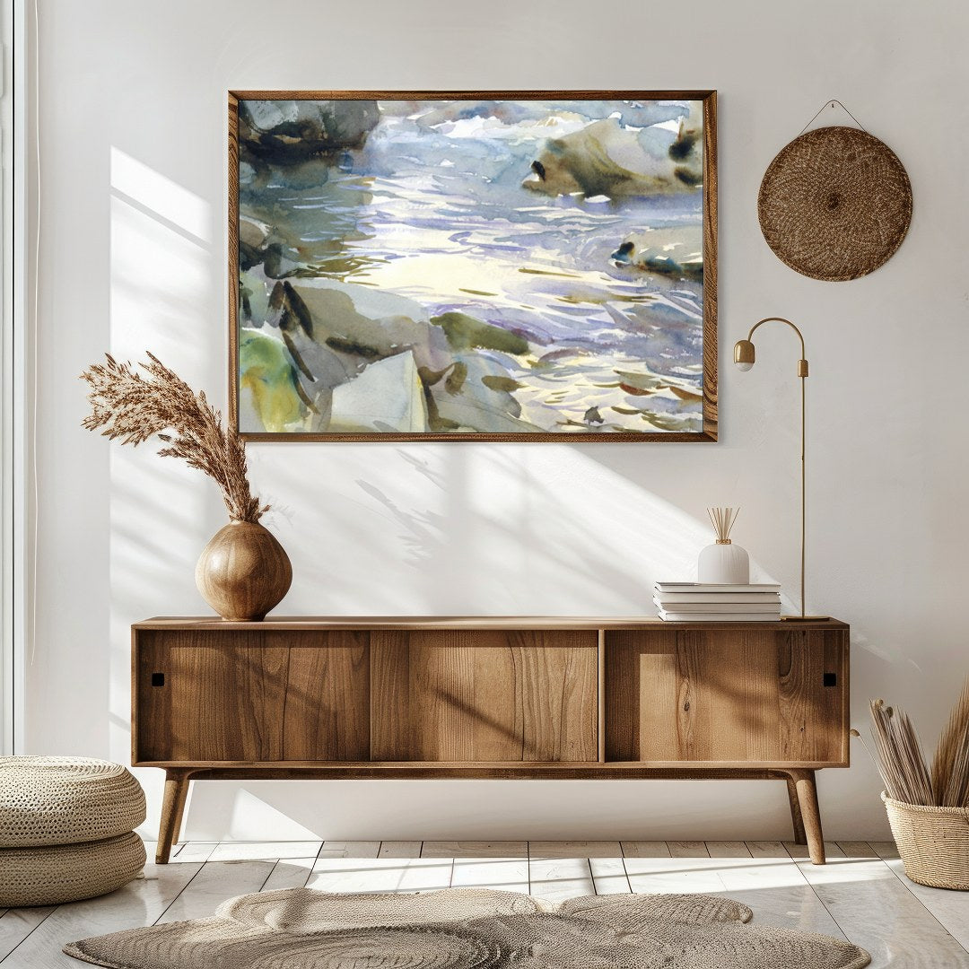 This exquisite watercolor painting captures the tranquil beauty of a flowing stream surrounded by for Sitting Area