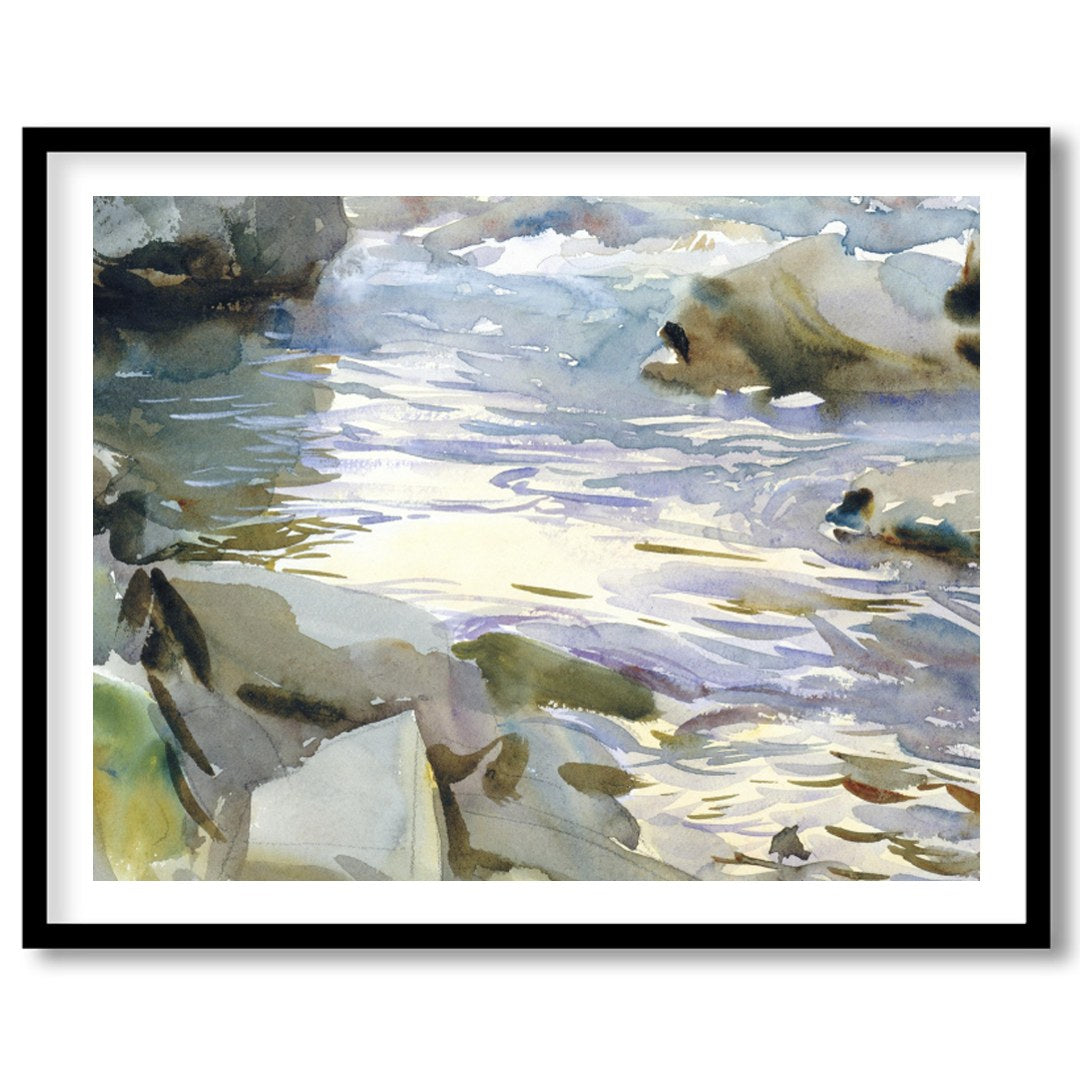 This exquisite watercolor painting captures the tranquil beauty of a flowing stream surrounded by for sweet-home