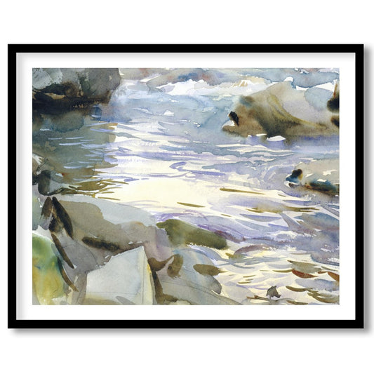 This exquisite watercolor painting captures the tranquil beauty of a flowing stream surrounded by for sweet-home