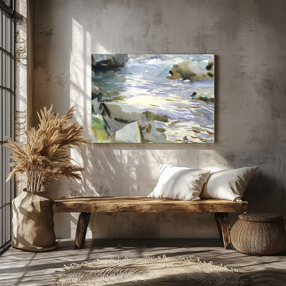 This exquisite watercolor painting captures the tranquil beauty of a flowing stream surrounded by for Veranda