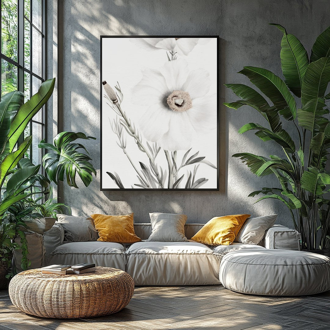 This exquisite artwork captures the delicate beauty of white florals, exuding a serene and calming for Balcony
