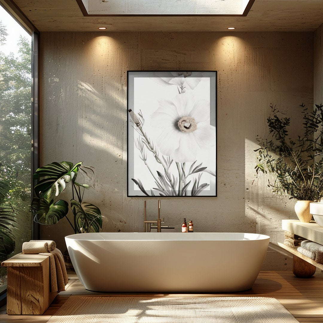 This exquisite artwork captures the delicate beauty of white florals, exuding a serene and calming for Bathroom