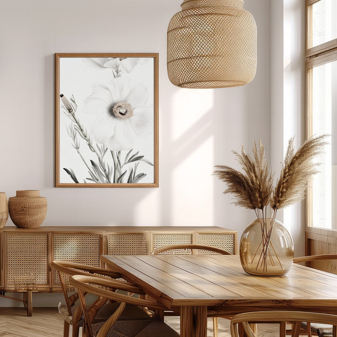 This exquisite artwork captures the delicate beauty of white florals, exuding a serene and calming for Extra Kitchen