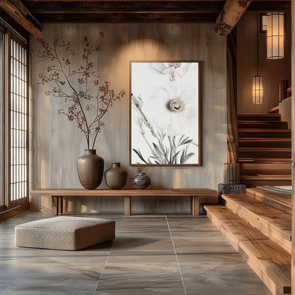 This exquisite artwork captures the delicate beauty of white florals, exuding a serene and calming for Hall