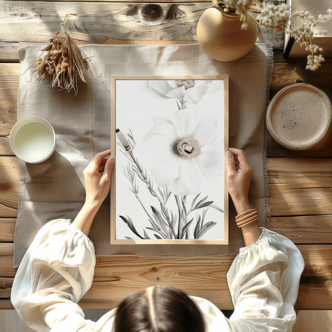 This exquisite artwork captures the delicate beauty of white florals, exuding a serene and calming for Kitchen