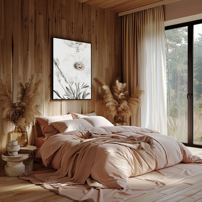 This exquisite artwork captures the delicate beauty of white florals, exuding a serene and calming for nook