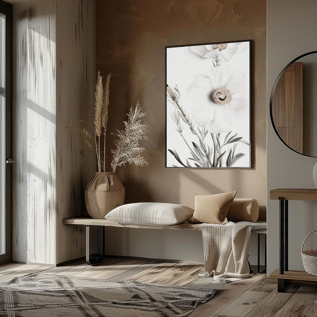 This exquisite artwork captures the delicate beauty of white florals, exuding a serene and calming for retreat