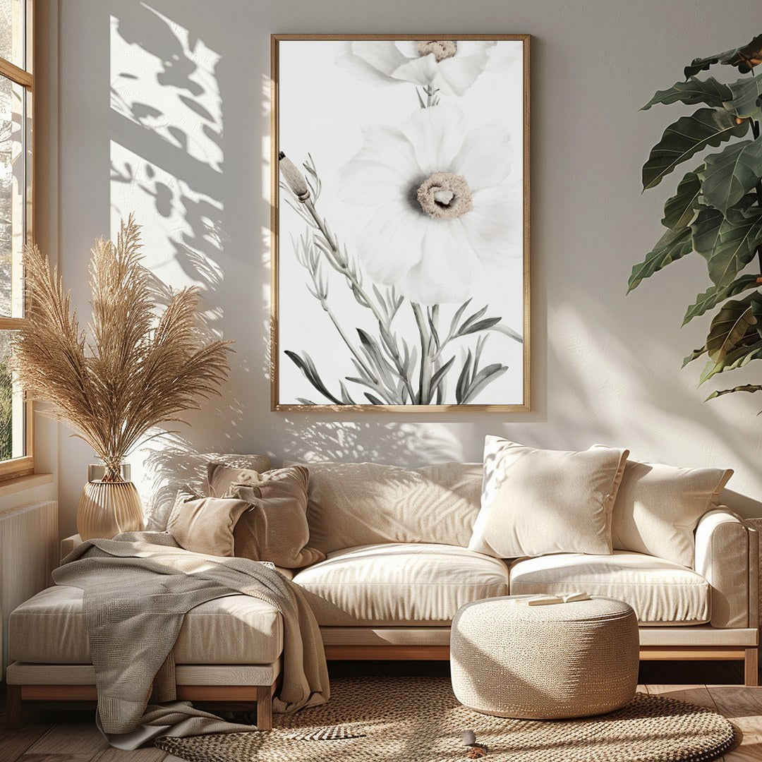 This exquisite artwork captures the delicate beauty of white florals, exuding a serene and calming for Sitting Area