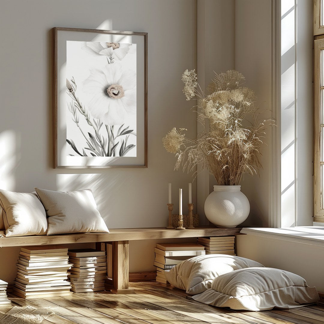 This exquisite artwork captures the delicate beauty of white florals, exuding a serene and calming for studio