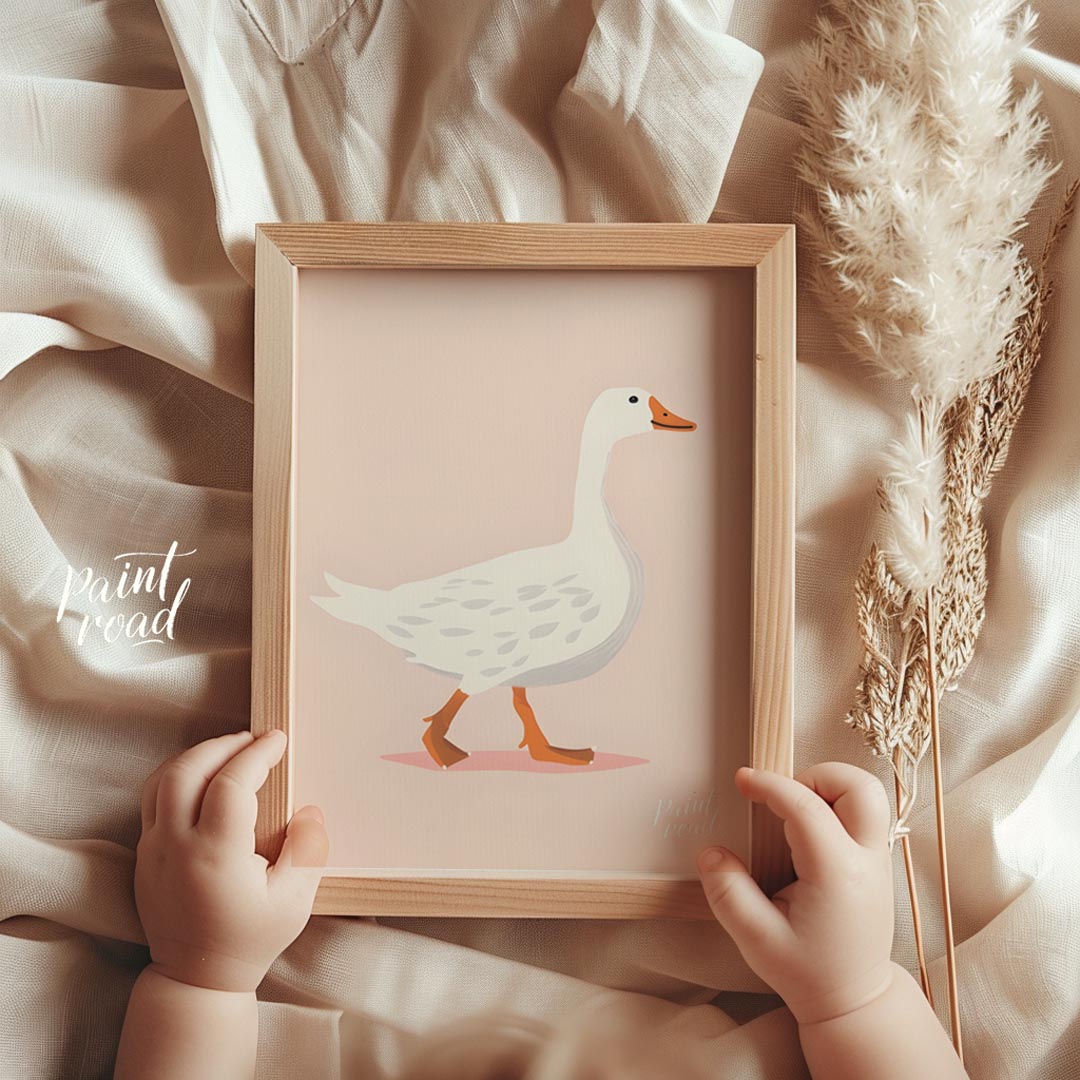This charming illustration features a stately white goose with subtle grey markings, confidently wa… for nursery