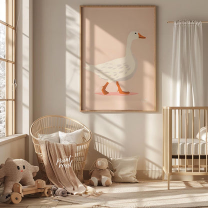 This charming illustration features a stately white goose with subtle grey markings, confidently wa… for nursery