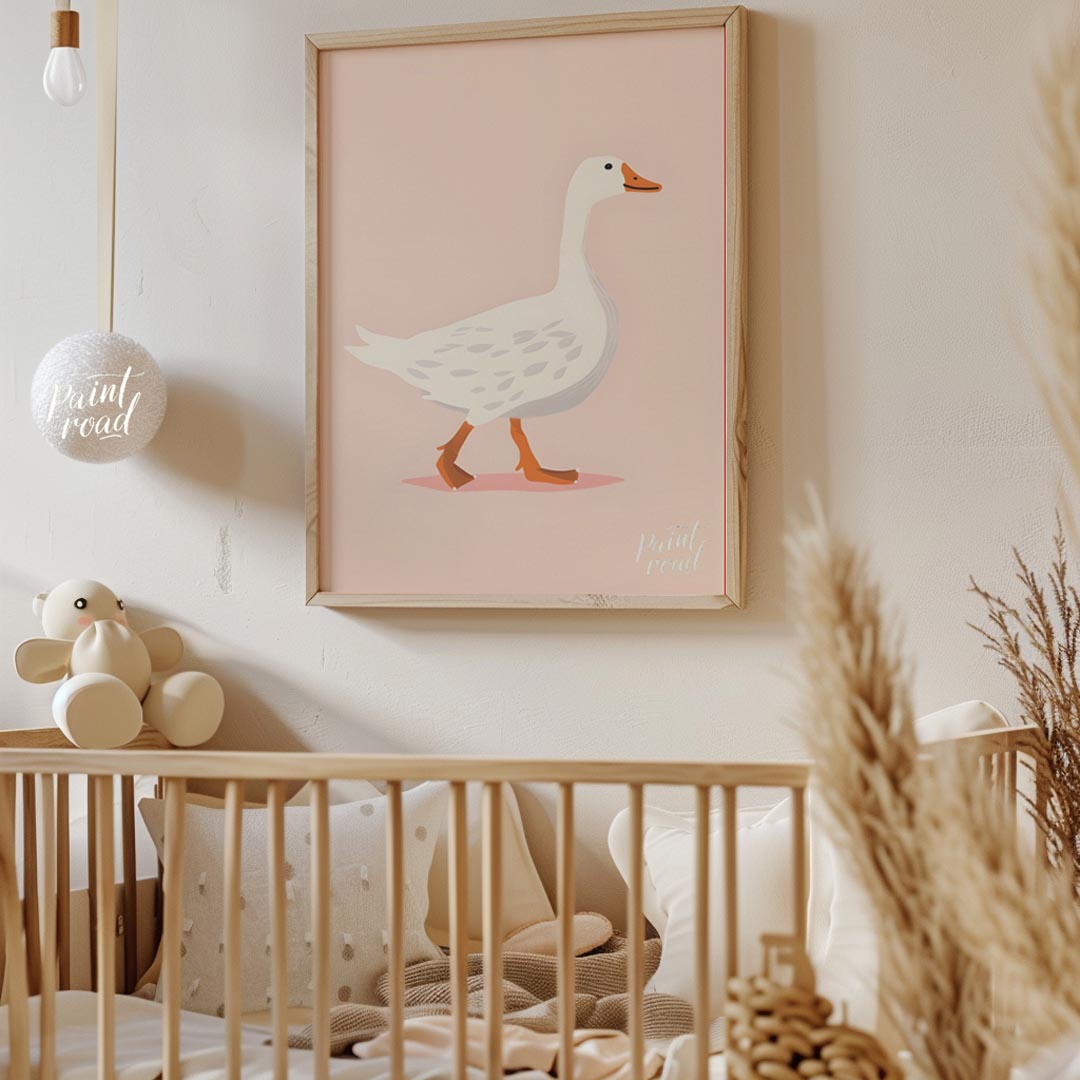 This charming illustration features a stately white goose with subtle grey markings, confidently wa… for nursery