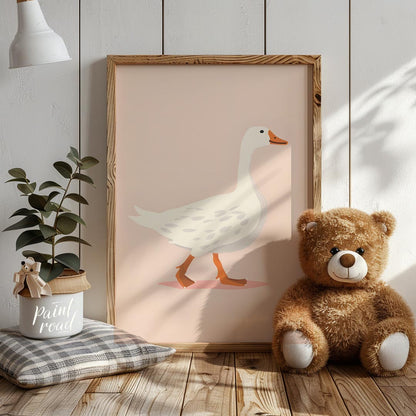 This charming illustration features a stately white goose with subtle grey markings, confidently wa… for nursery