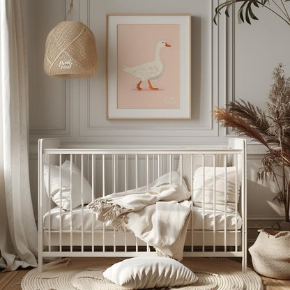 This charming illustration features a stately white goose with subtle grey markings, confidently wa… for nursery