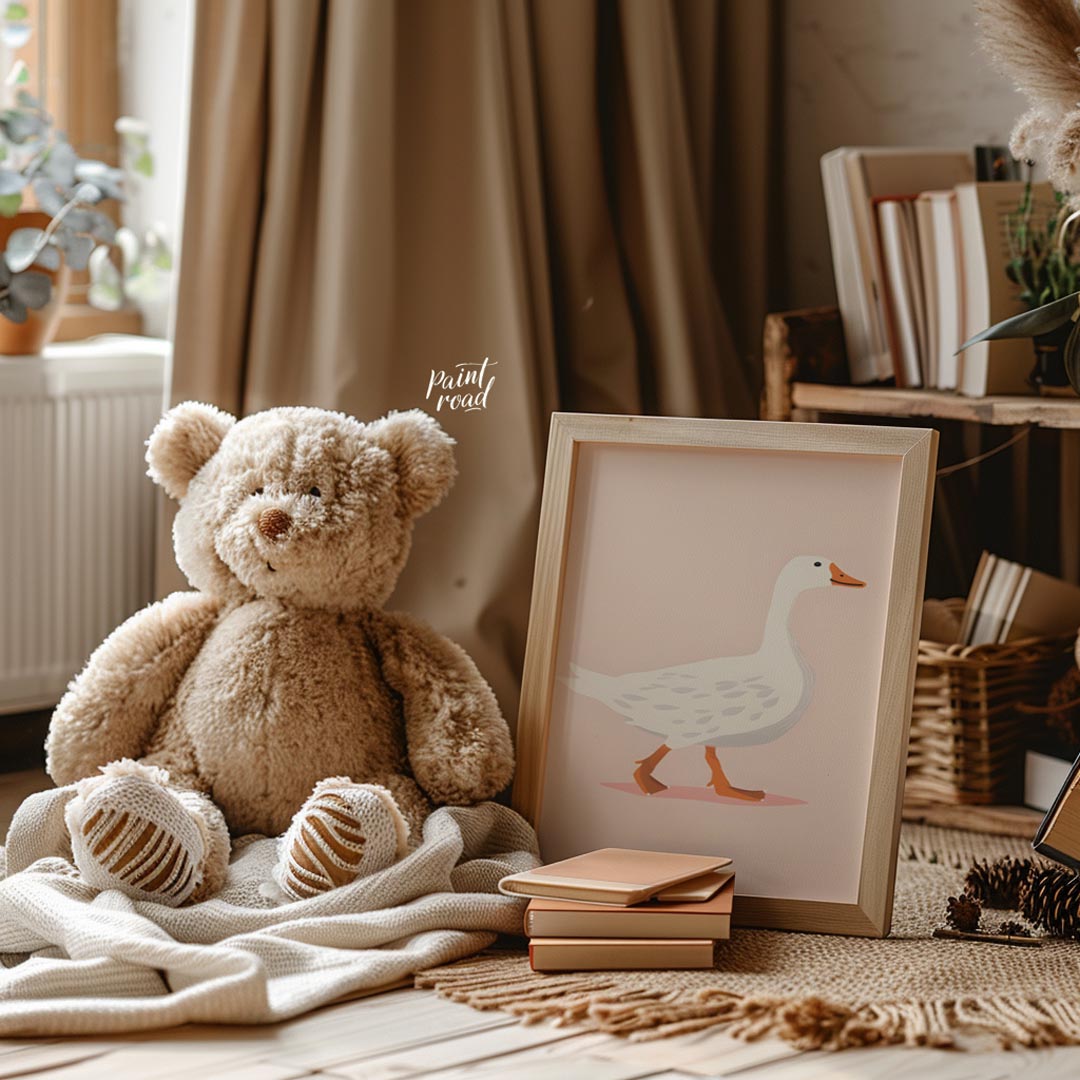 This charming illustration features a stately white goose with subtle grey markings, confidently wa… for nursery