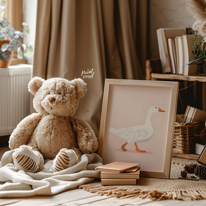 This charming illustration features a stately white goose with subtle grey markings, confidently wa… for nursery