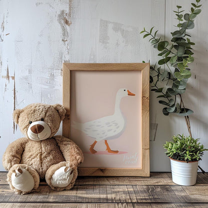 This charming illustration features a stately white goose with subtle grey markings, confidently wa… for nursery