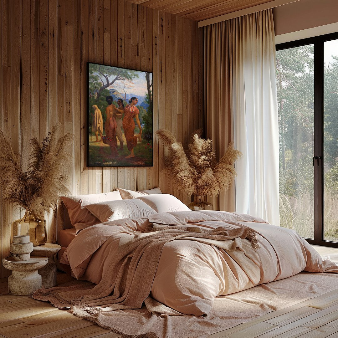 Capture the essence of tranquil beauty with this enchanting artwork featuring a serene gathering for Bedroom
