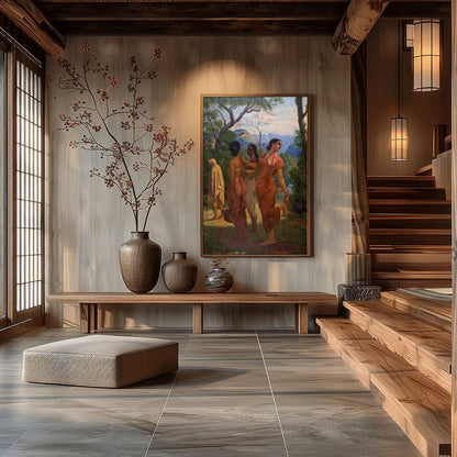 Capture the essence of tranquil beauty with this enchanting artwork featuring a serene gathering for Hall