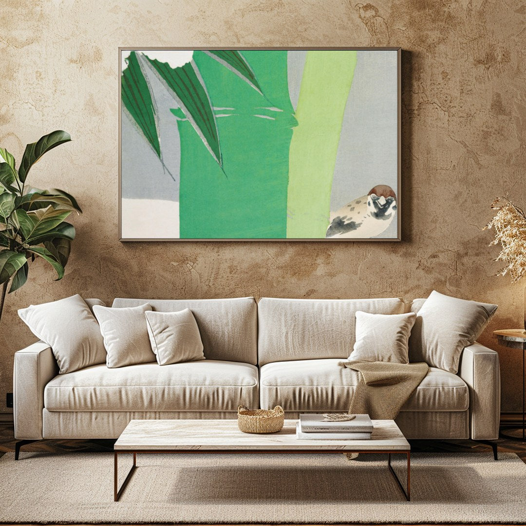 This tranquil art piece captures the essence of nature, featuring a delicate sparrow nestled beside for Family Room