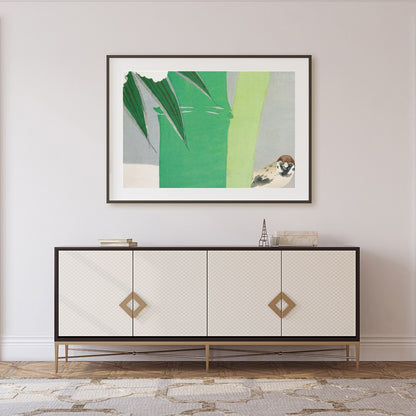 This tranquil art piece captures the essence of nature, featuring a delicate sparrow nestled beside for Foyer