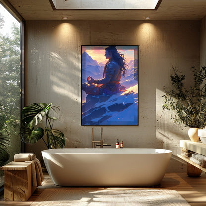 Capture the essence of tranquility with this stunning artwork featuring a serene figure meditating for Bathroom