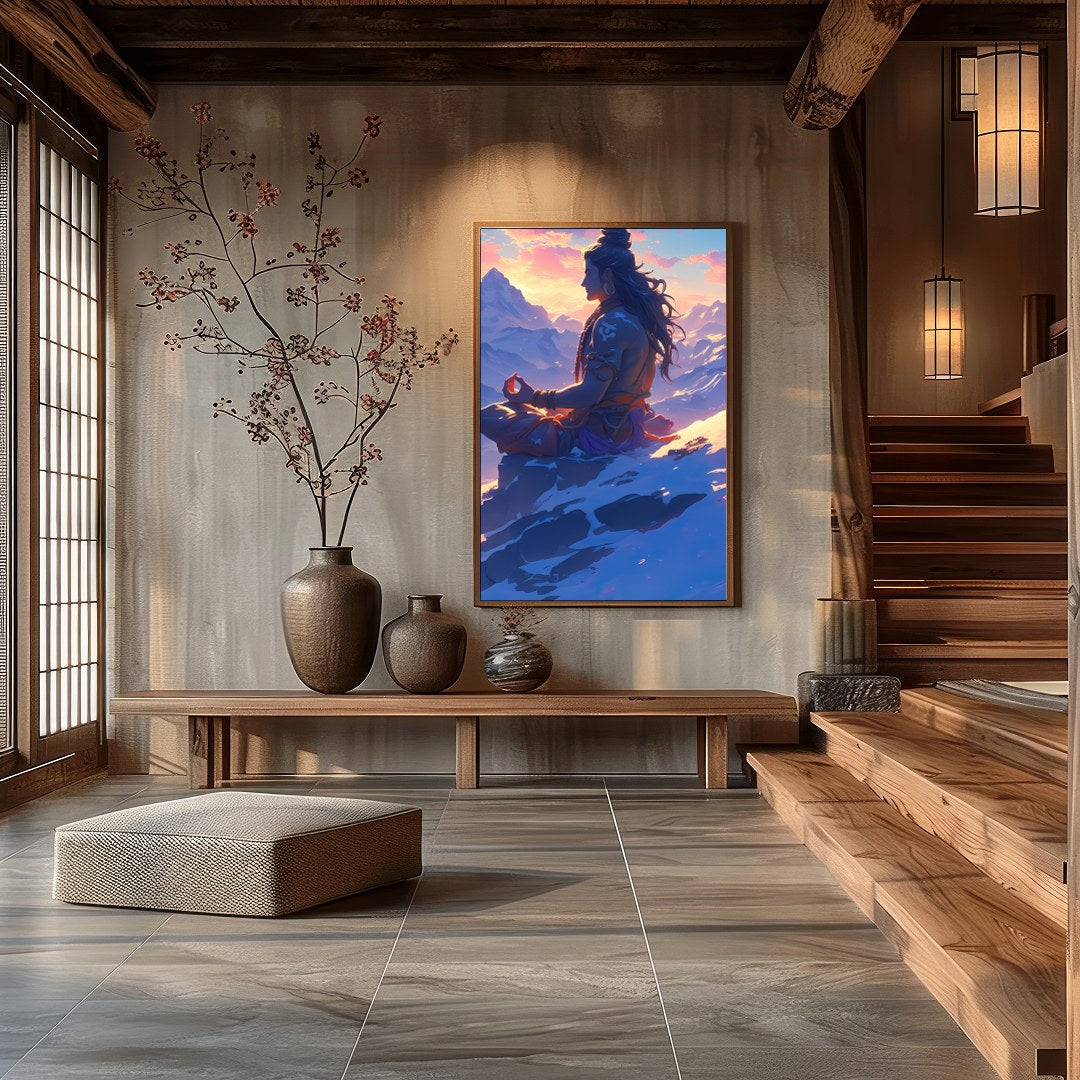 Capture the essence of tranquility with this stunning artwork featuring a serene figure meditating for Hall