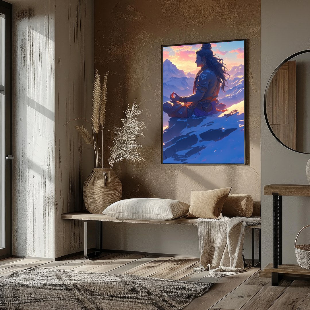 Capture the essence of tranquility with this stunning artwork featuring a serene figure meditating for haven