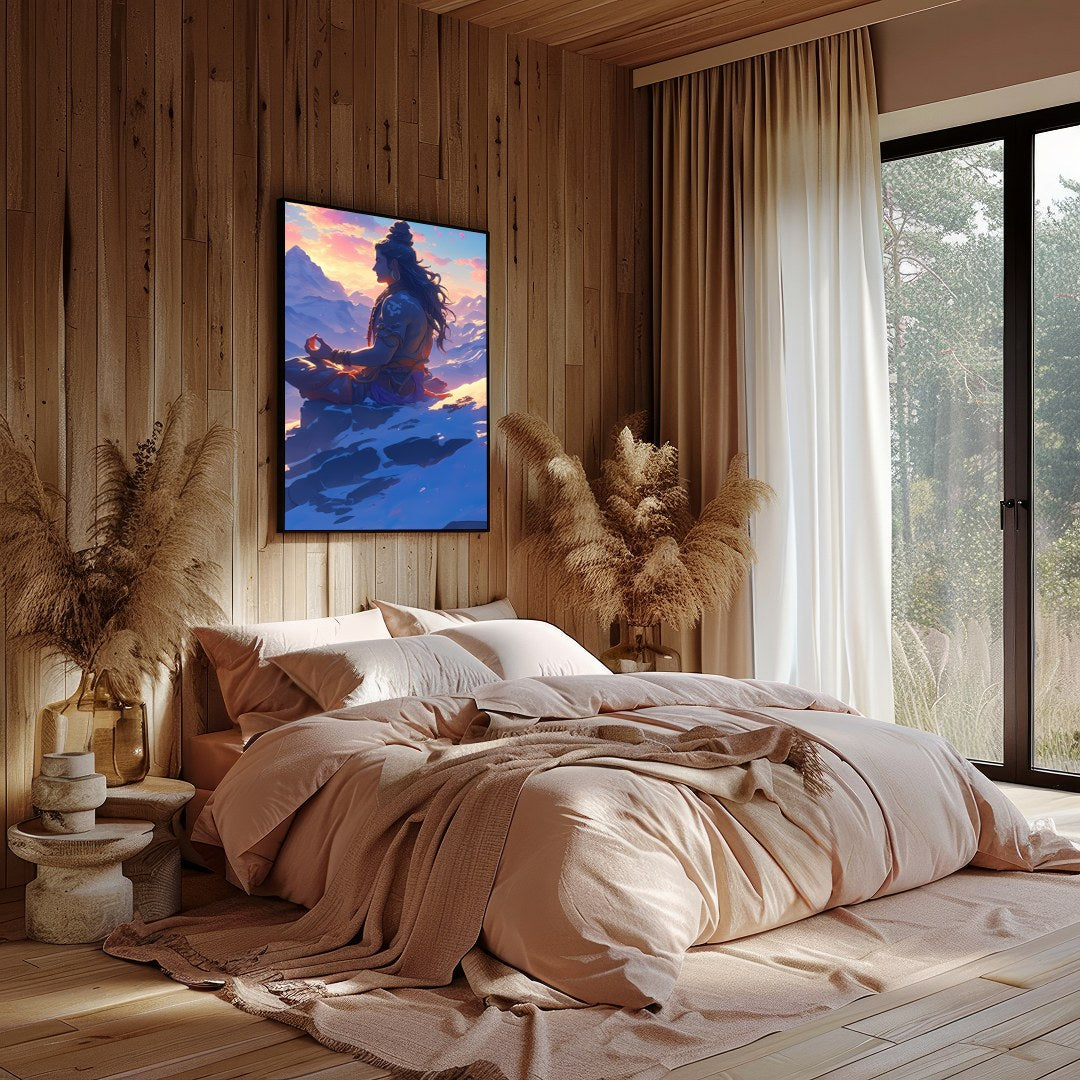 Capture the essence of tranquility with this stunning artwork featuring a serene figure meditating for Bedroom