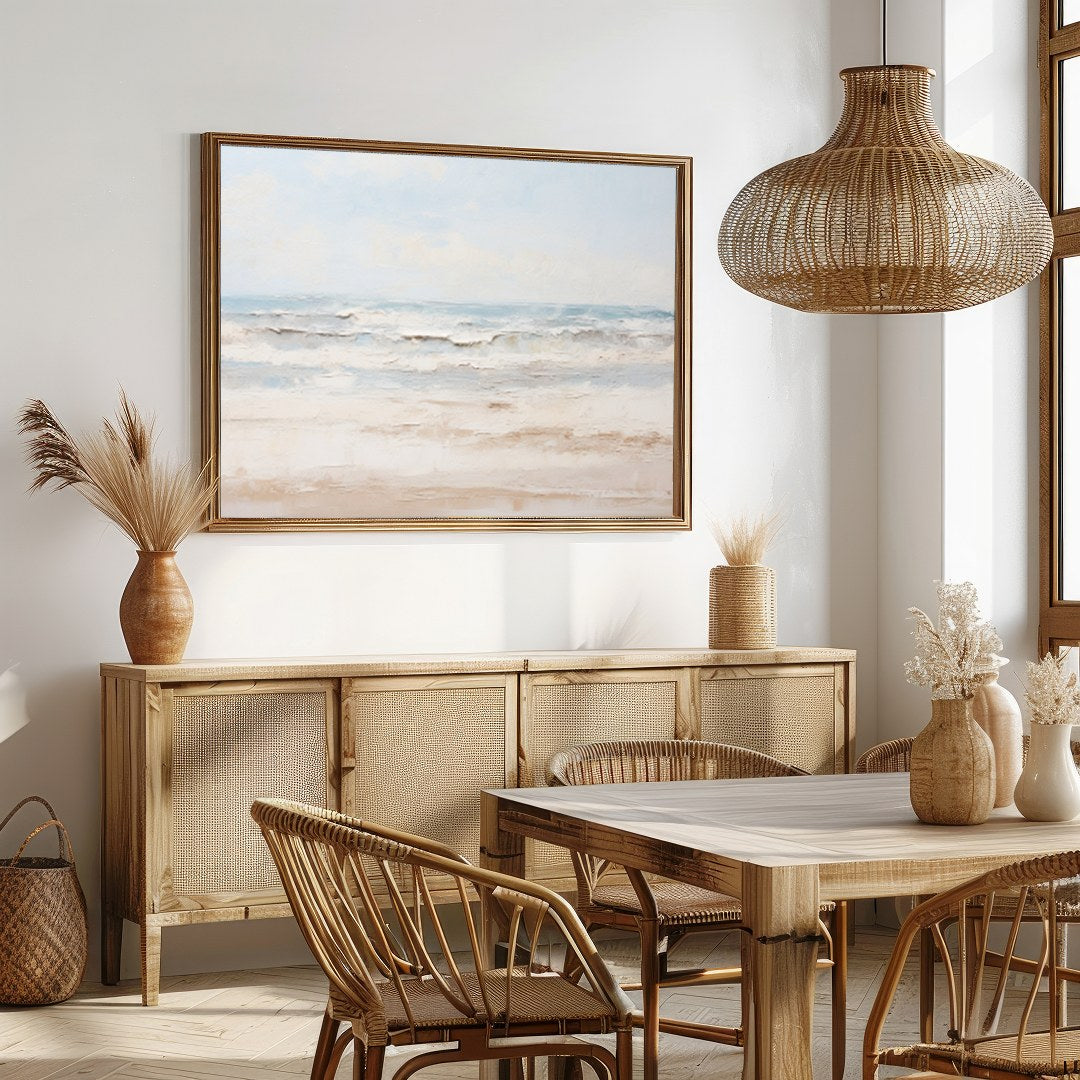 Immerse yourself in the tranquil embrace of 'Serenity at the Shoreline,' a captivating piece that for Dining