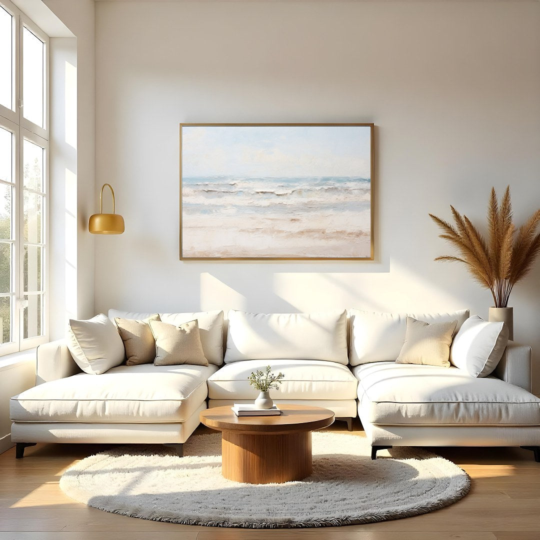 Immerse yourself in the tranquil embrace of 'Serenity at the Shoreline,' a captivating piece that for Living Room