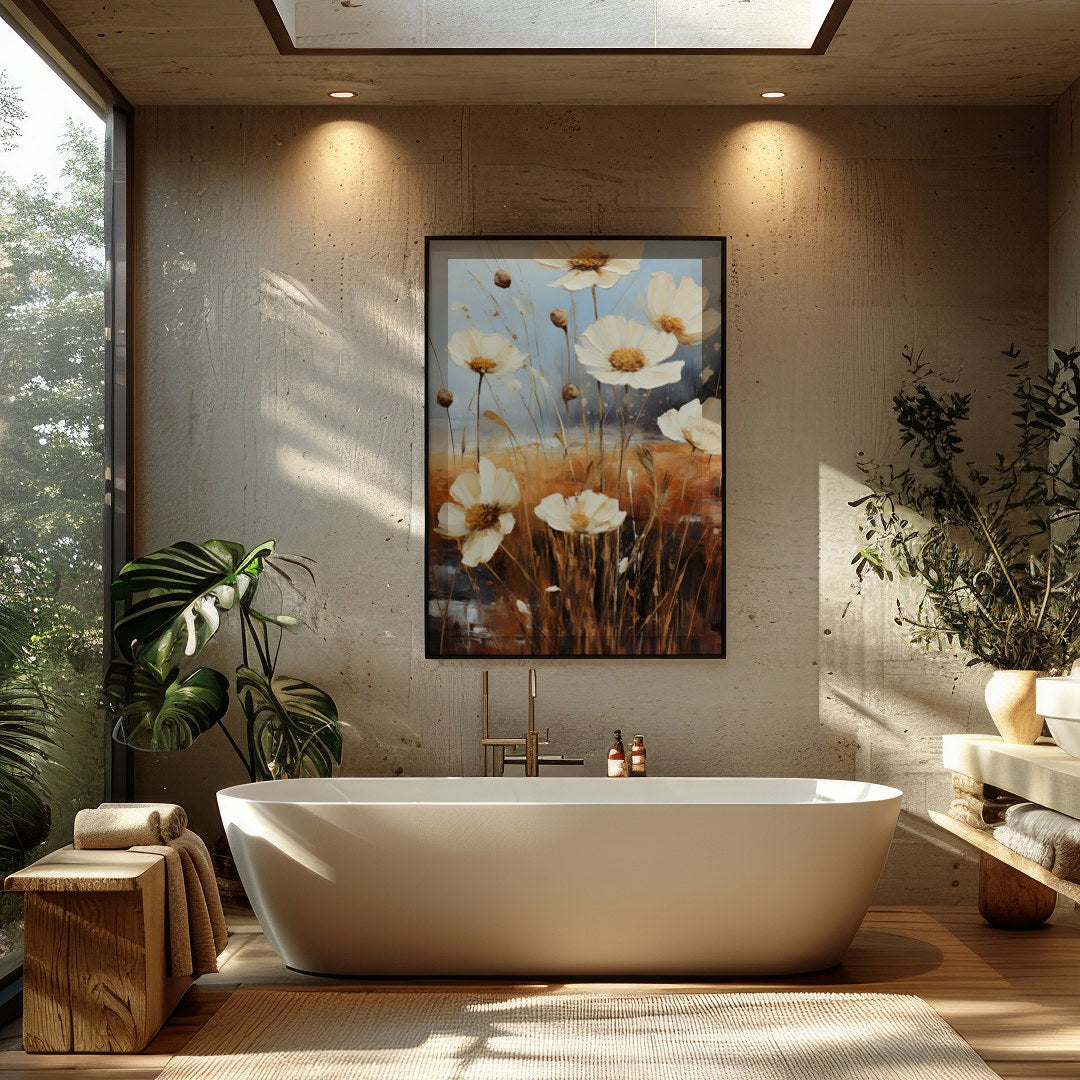 Elevate your living space with the 'Serenity Blooms' artwork, capturing the ethereal essence of for Bathroom
