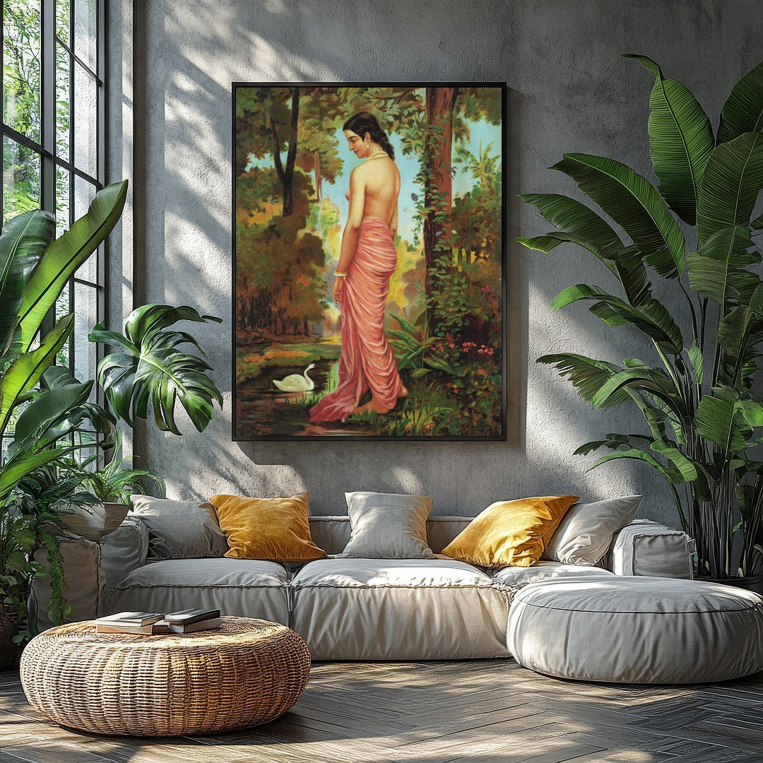 This captivating artwork captures the serene beauty of a woman in a tranquil forest setting. With for Balcony
