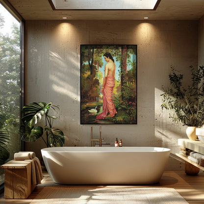 This captivating artwork captures the serene beauty of a woman in a tranquil forest setting. With for Bathroom