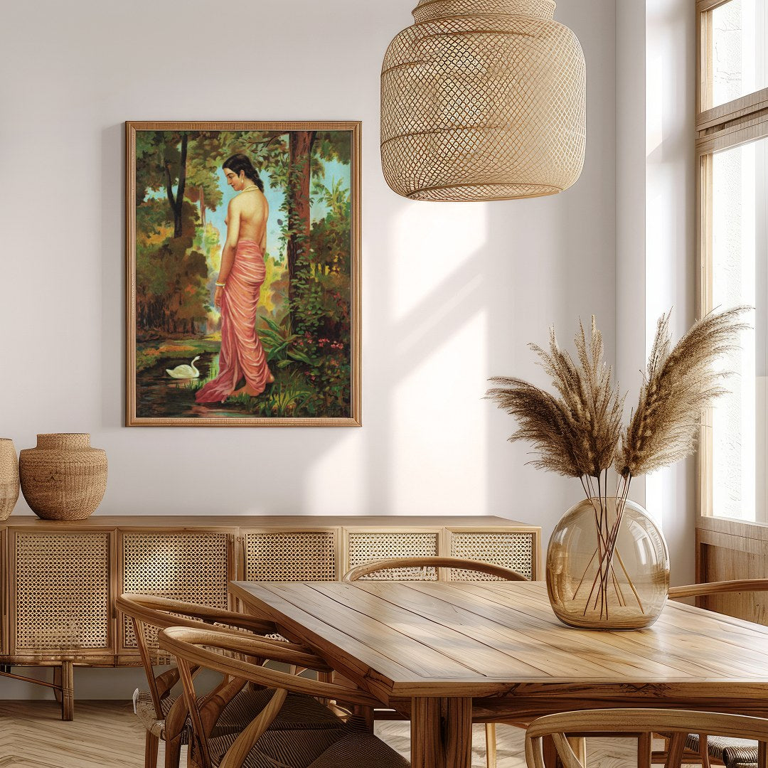 This captivating artwork captures the serene beauty of a woman in a tranquil forest setting. With for Extra Kitchen