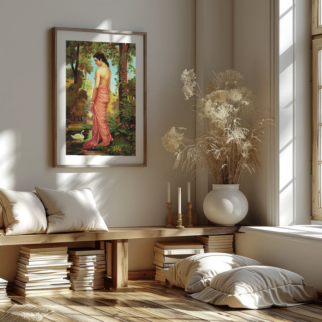 This captivating artwork captures the serene beauty of a woman in a tranquil forest setting. With for gallery