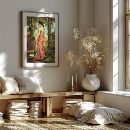 This captivating artwork captures the serene beauty of a woman in a tranquil forest setting. With for gallery