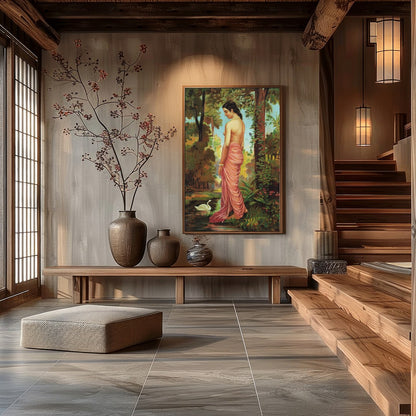 This captivating artwork captures the serene beauty of a woman in a tranquil forest setting. With for Hall