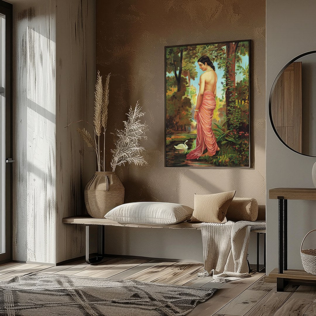 This captivating artwork captures the serene beauty of a woman in a tranquil forest setting. With for haven