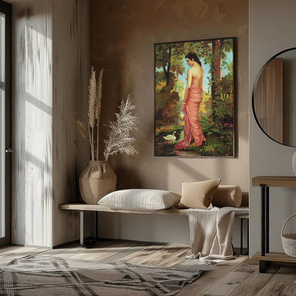 This captivating artwork captures the serene beauty of a woman in a tranquil forest setting. With for haven
