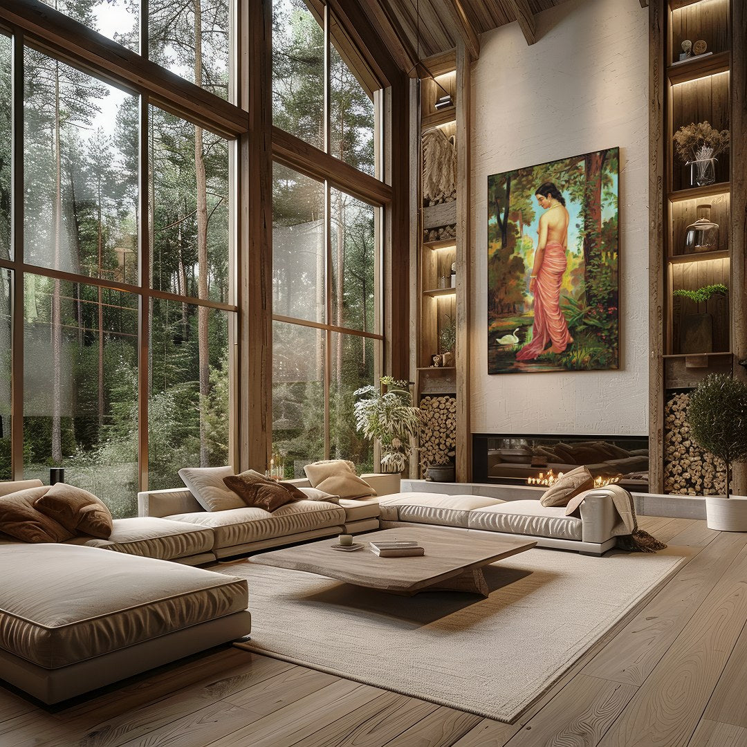 This captivating artwork captures the serene beauty of a woman in a tranquil forest setting. With for Living Room