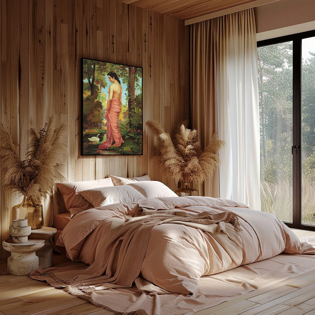 This captivating artwork captures the serene beauty of a woman in a tranquil forest setting. With for Bedroom