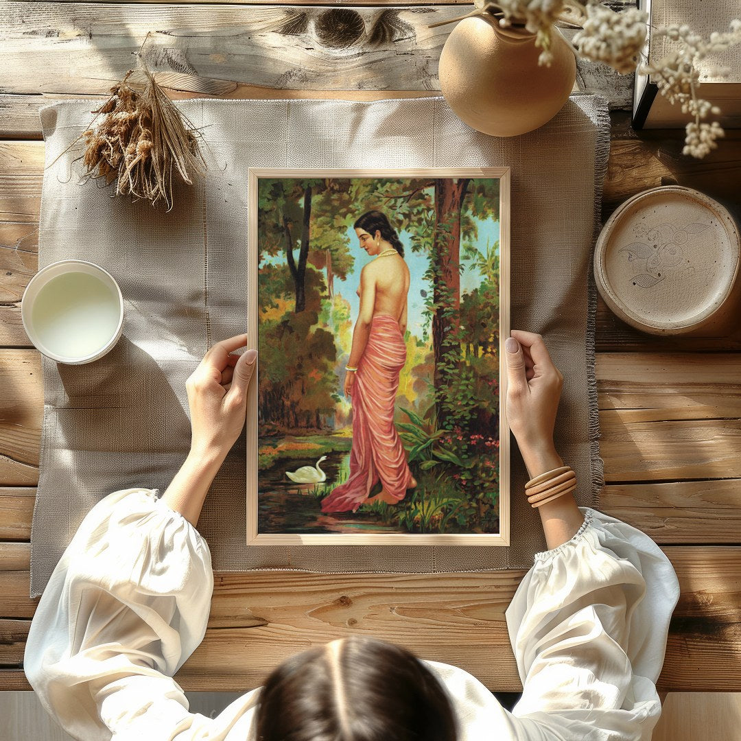 This captivating artwork captures the serene beauty of a woman in a tranquil forest setting. With for room