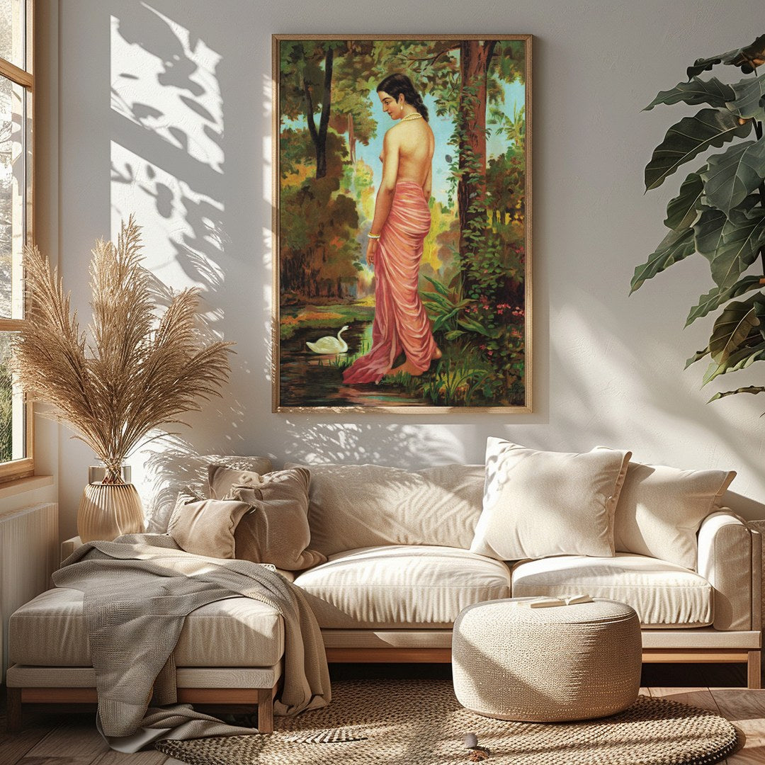 This captivating artwork captures the serene beauty of a woman in a tranquil forest setting. With for Sitting Area