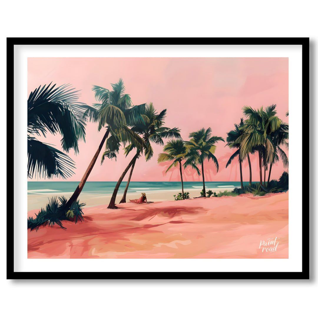 This beautiful painting captures a tranquil beach scene with a solitary figure lounging amidst palm… for abode